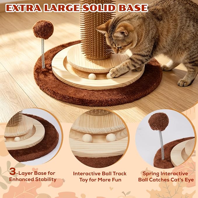 Cat Scratching Post, 46" Tall Scratcher Post for Indoor Adult Cats | Heavy Duty Scratching Post 100% Natural Sisal, Stable 3-Layer Wood Base, Hanging Ball and Track Toy for Indoor Adults Cats