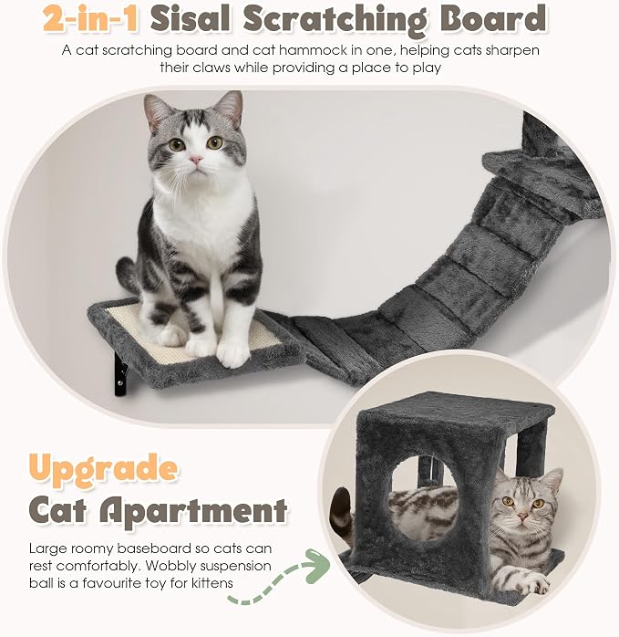 Cat Wall Shelves, 7-in-1 Wall Mounted Cat Climber Set, Indoor Cat Furniture – Includes House, Tunnel, Bridge, Steps, Scratcher, Hammock, Shelves, Dark Gray