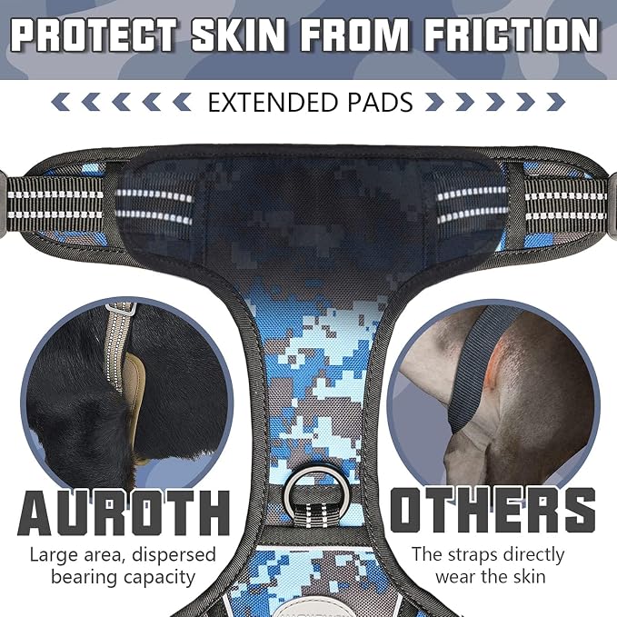 Auroth Tactical Dog Training Harness No Pulling Front Clip Leash Adhesion Reflective K9 Pet Working Vest Easy Control for Small Medium Large Dogs Blue Camo M