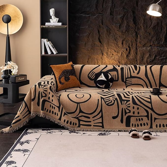 VClife Soft Thick Chenille Couch Cover 1 PC Washable Couch Cover for 2 Cushion Couch Sofa Modern Brown Black Jacquard Sectional Sofa Cover 71"x118"