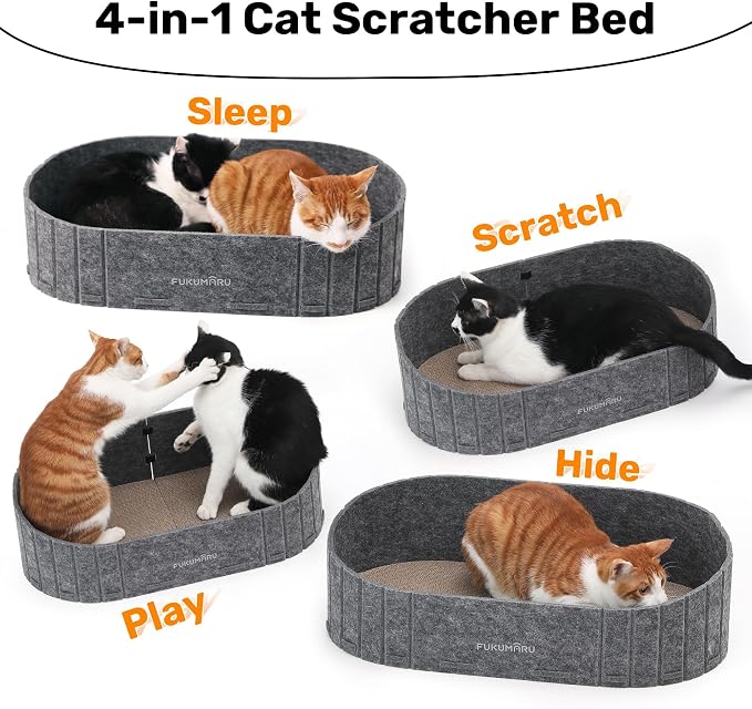FUKUMARU Cat Scratcher, 24 Inch Sofa Shape Cat Scratching Bed Couch Indoor | Oval Felt Cat Scratcher Bed with Reversible Detachable Cat Scratching Boards, Round Cats Scratch Pads Refill, Dark Grey