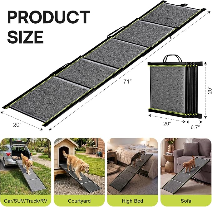 Upgraded Lightweight Dog Ramp for Large Dogs, 71" Long & 20" Extra Wide Telescoping Dog Car Ramp, Up to 250 LBS, Non-Slip Loofah Surface, Portable Outdoor Pet Ramps for Dogs to Get in SUV/Truck/Rv