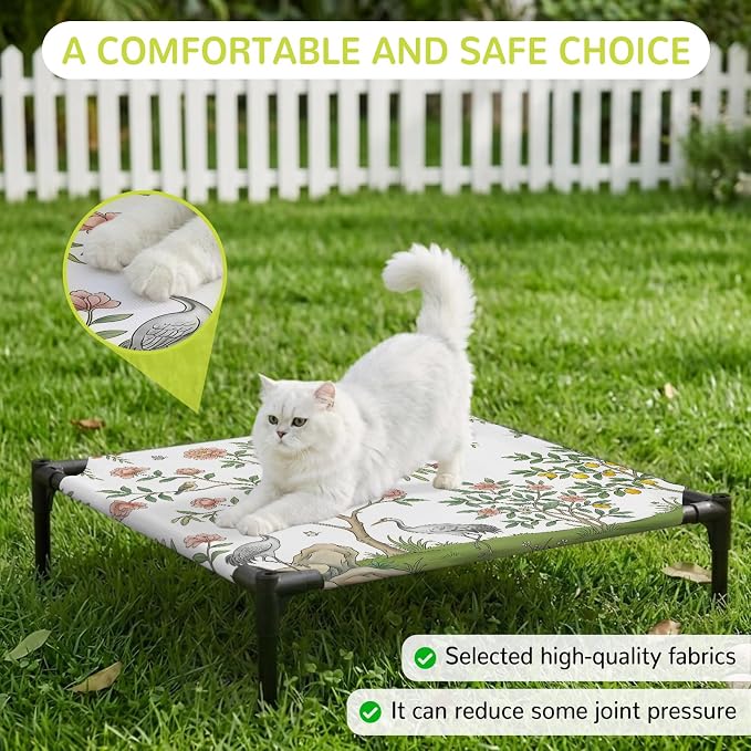 Outdoor Elevated Dog Bed for Small Dogs, Pink Flowers Breathable Cooling Raised Dog Cot for Indoor/Outdoor, Trees Weeping Spring Floral Birds Waterproof Elevated Pet Beds, S 20 x 20 in