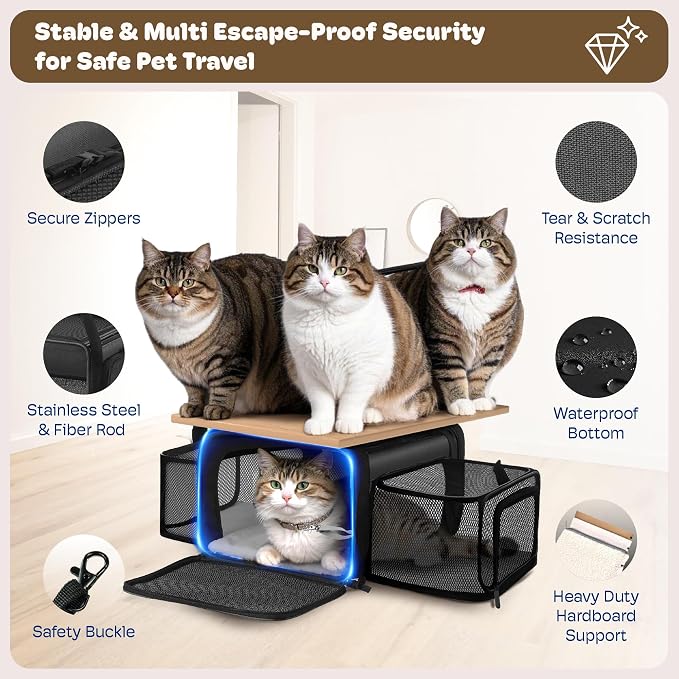 Top and 2 Sides Expandable Cat Carrier 18x13.5x9.5, TSA Airline Approved Dog Carriers for Small Dogs, Soft-Sided Pet Carrier with Self-Locking Zippers for Kitten,Rabbit, Puppy, Guinea Pig Black