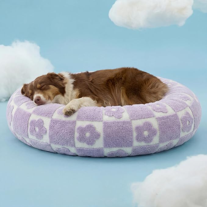 LE SURE Shown on TV Jacquard Donut Dog Beds Large,Flower Checks 36x36x8in | Orthopedic Calming Pet Bed Sofa, Original Design Pattern,Washable Cover,Cute Home Decor as Gift for Pet,Anti Slip Bottom