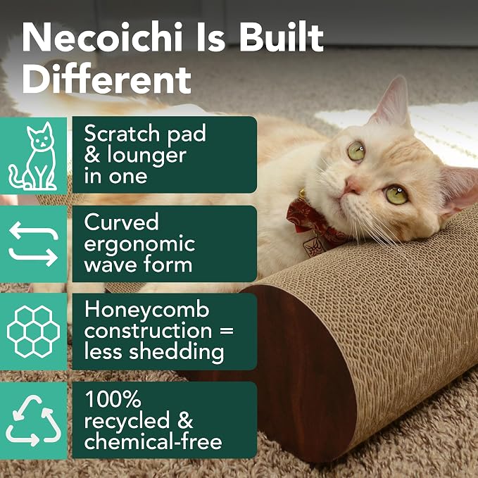 Necoichi Cardboard Cat Scratcher Bed for Indoor Cats - Cat Scratching Board, Horizontal Cat Scratch Pad Lounger with Reversible Usability and Extra Comfort for Lounge, Curved (23" Large, Dark Cherry)