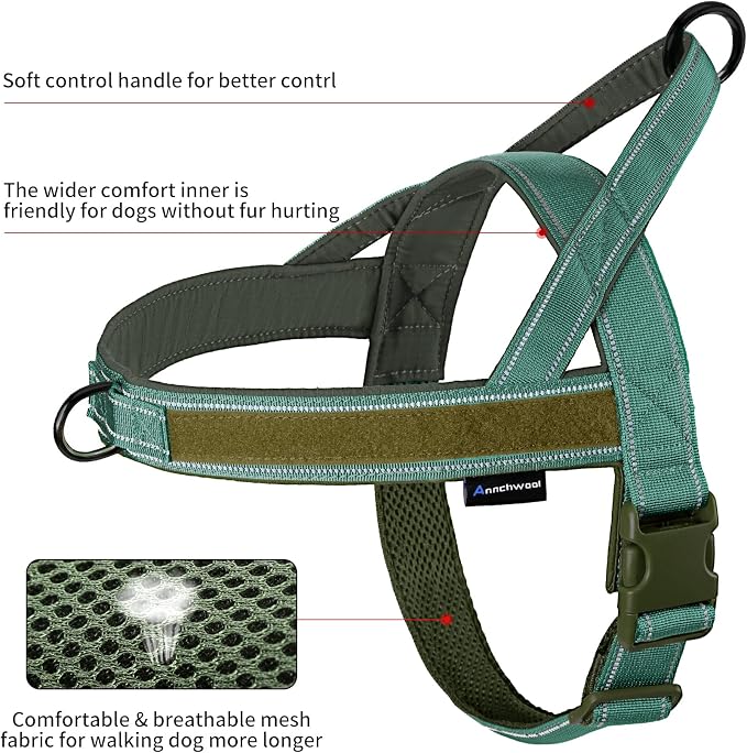 Annchwool No Pull Dog Harness with Soft Padded Handle,Reflective Strip Escape Proof and Quick Fit to Adjust Dog Harness,Easy for Training Walking for Small & Medium and Large Dogs(Green,M)