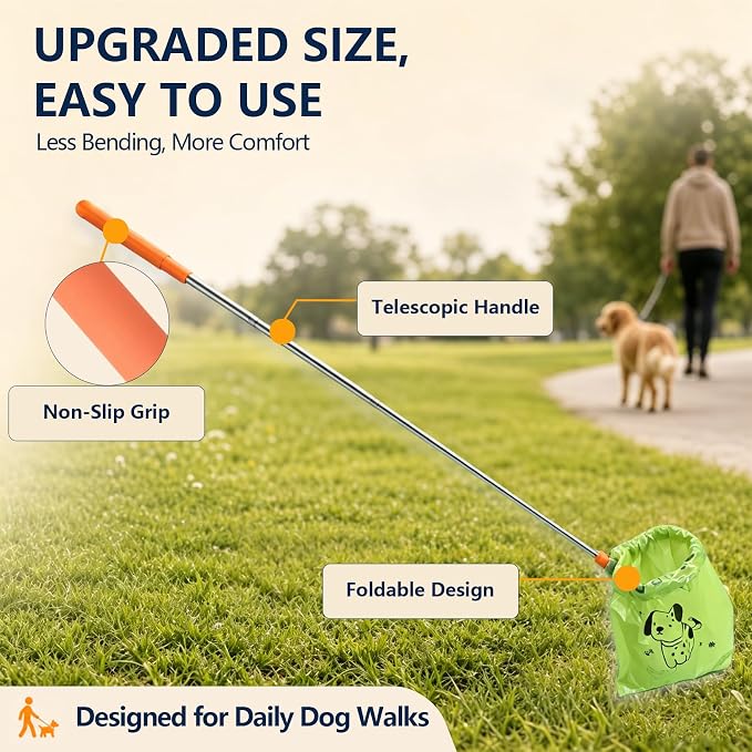 Dog Pooper Scooper with Bags, Long Handle No-Touch Dog Waste Picker Tool | With 30 Rolls Poop Bags, 47 Inch Extendable Handle, No Bending Cleanup, Portable Pooper Scooper for Yard, Walks and Travel