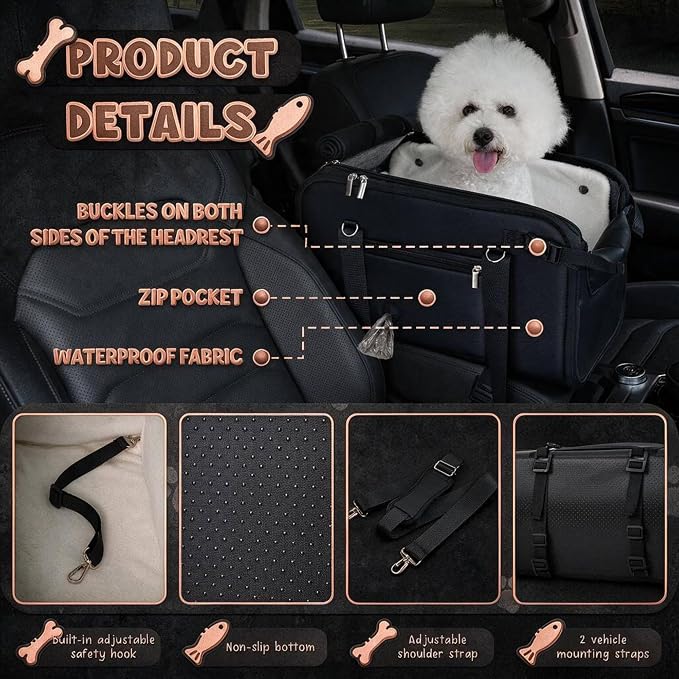 YUDODO 10-18lbs Large Console Dog Car Seat with Removable Velvet Cushion | Portable Puppy Cat Seat, PU Leather, Waterproof, Wipe Clean, Safe & Durable, Side Pockets, for Truck & SUV-Width>9.5in, Black