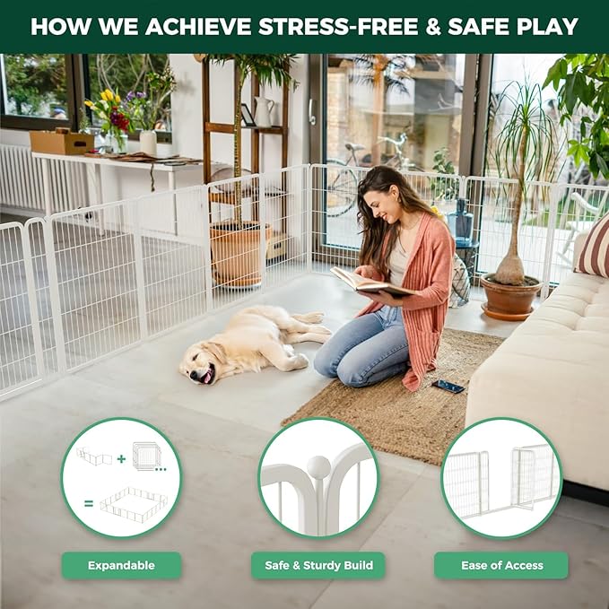 FXW Homeplus Unleashed Indoor Dog Playpen - Stress-Free and Safe Play, Heavy Duty 40 Inch 32 Panels Dog Pen for Medium and Large Dogs, White│Patented