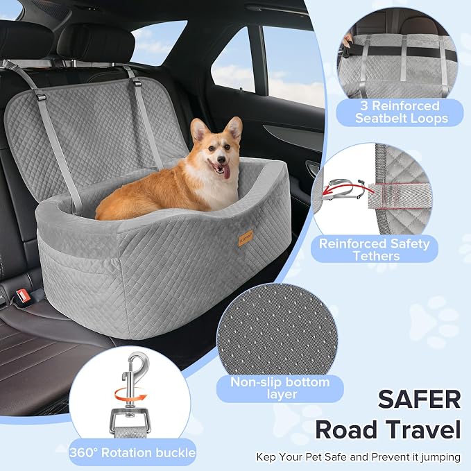 BLVRYVIO Large Dog Car Seat for Medium Sized Dogs Under 55lbs or 2 Smalls | Pet Booster Dog Seat for Car with 4" Memory Foam for Back Seat, Triple Safety Belts, Storage Pockets, Washable, Black