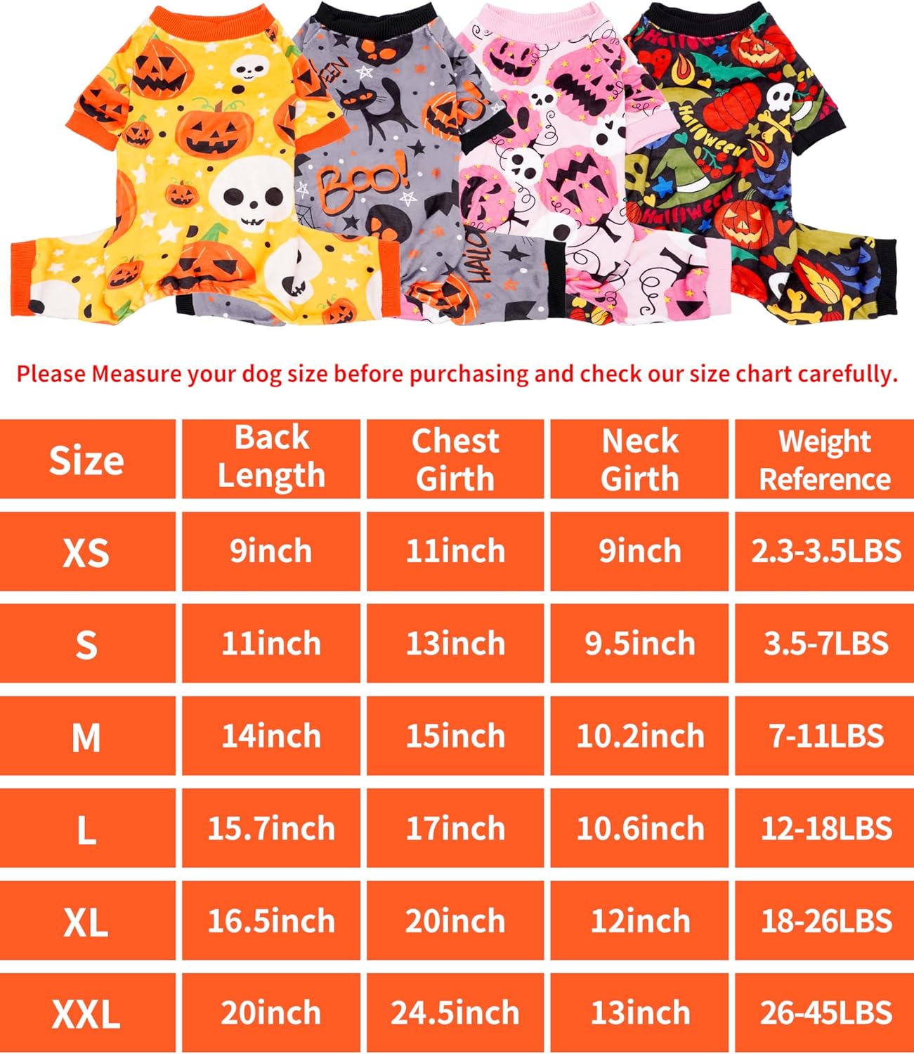 PET SHOW 4 Pack Halloween Dog Pajamas for Medium Dogs Onesie Soft Pumpkin Ghost Soft Fleece Stretchy Jumpsuit Costume Boy Girl PetsPJs with Sleeve Clothes(XL)