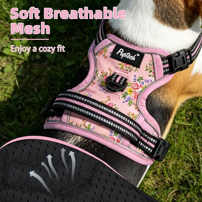 PUPTECK No Pull Tactical Dog Harness for Large, Adjustable Reflective Dog Harness with Handle Easy Control, Comfortable Soft Padded Pet Vest Harness for Large Dogs, Pink Flowers L