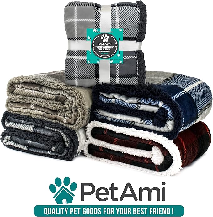 PetAmi Waterproof Dog Blanket for Medium Large XL Dog Puppy Cat Throw for Couch Cover Leakproof Protection, Sherpa Fleece, Reversible Soft Washable 80x60 Plaid Taupe