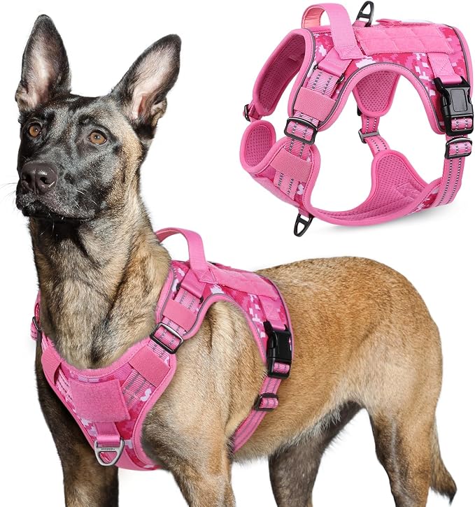 rabbitgoo Tactical Dog Harness for Large, No Pull Military Service Vest | Molle & Handle, Heavy Duty, Adjustable, Reflective Straps, Easy Control for Training Walking, Pink camo, Large