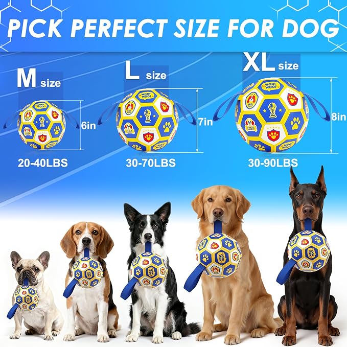 Vivifying Dog World Cup Soccer Ball Toy, 7 Inch Floatable Interactive Dog Toy for Medium Large Dogs, Durable PU Enrichment Ball with Nylon Straps for Outdoor Fetch, Training & Playing