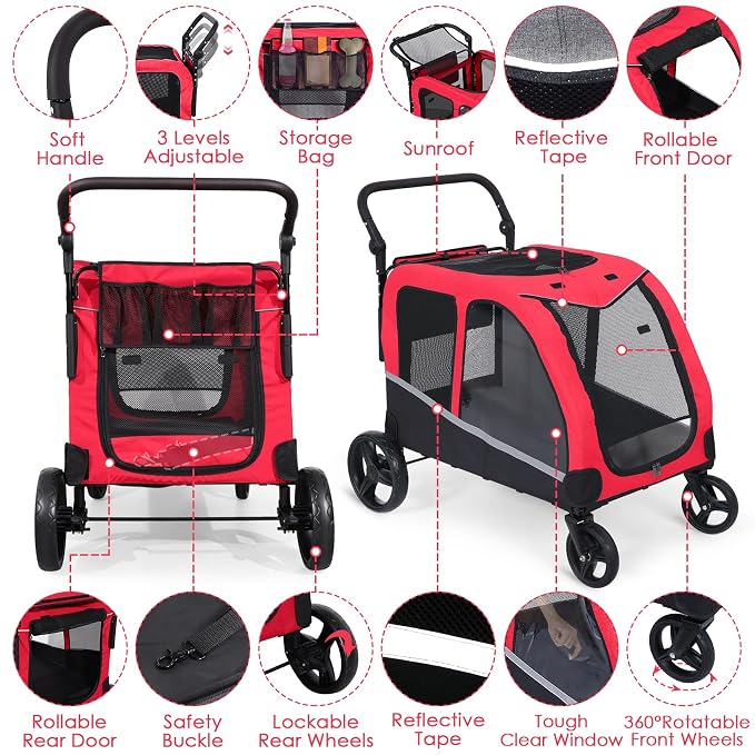 Saudism Dog Stroller for Large & Medium Dogs (up to 160lbs), Pet Stroller for 2 Small Dogs, Extra Large Heavy Duty, Dog Wagon Foldable & Adjustable Handle with Pocket, Red