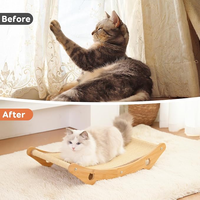 Cat Scratcher Hammock Bed, U-Shaped Wood Sisal Lounger, Furniture Protector | pingping-go, 23.6 x 13.8 Inch, Wood Frame, Natural Sisal, Indoor & Outdoor, for Large Cats