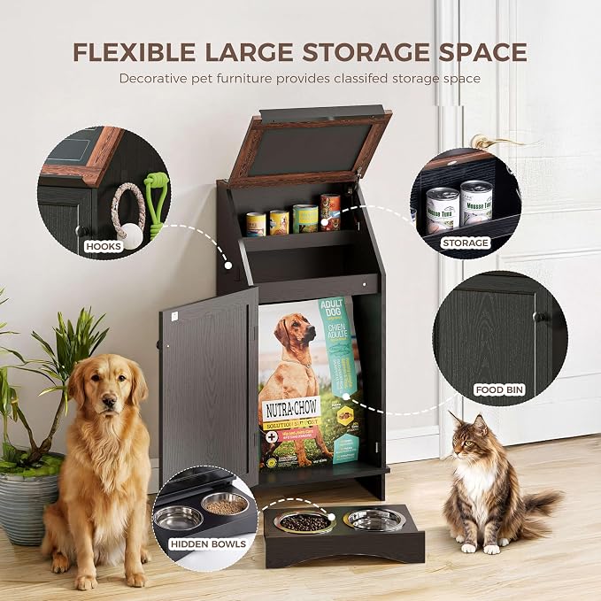 FIMELLO Dog Feeding Station with Storage, Dog Food Cabinet with 2 Hidden Feeding Bowls, Flip-Top Pet Storage Cabinet, Pet Food Holder, Black Grain