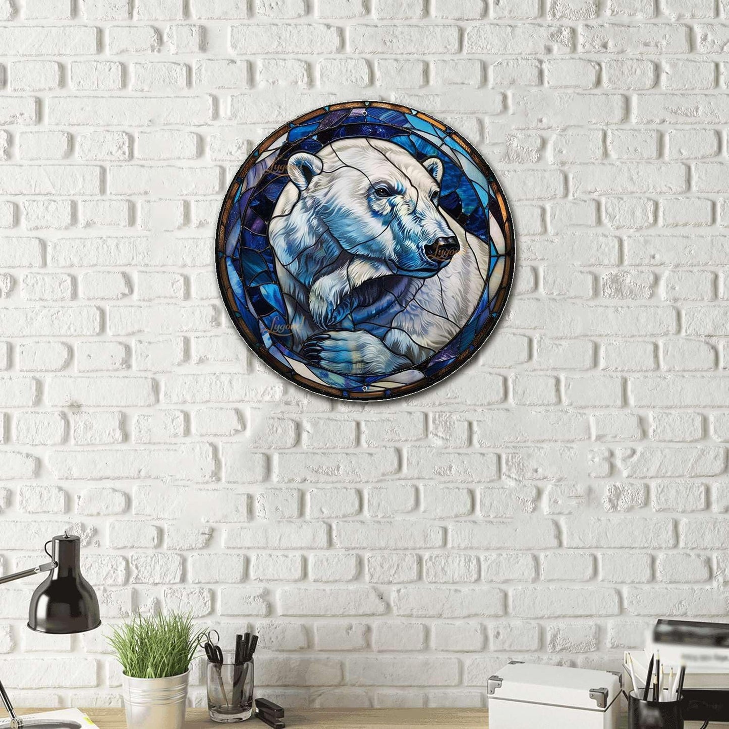 Lygond Metal Sign Tin Sign Circular Stained Glass Polar Bear2 Funny Sign For Garage 8×8 Inches