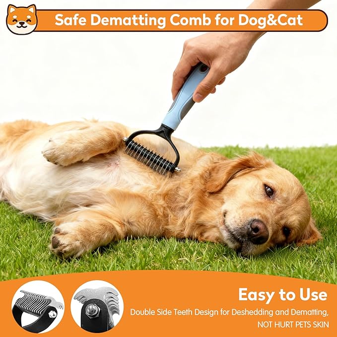 Dog & Cat Brush Kit 2PCS, Self Cleaning Slicker Brush for Pets, Dog Brush for Shedding Massaging and Grooming, Removes Loose Undercoat & Portable Comb for Long Short Haired Dogs(Blue)