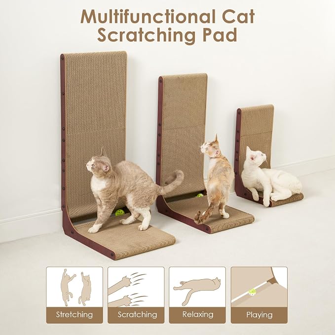 EHEYCIGA Cardboard Cat Scratcher for Indoor Kitten Cats, 19 Inch L Shaped Vertical Cat Scratching Board with Ball Cat Toy, Small Cat Scratcher Pad, Dark Brown