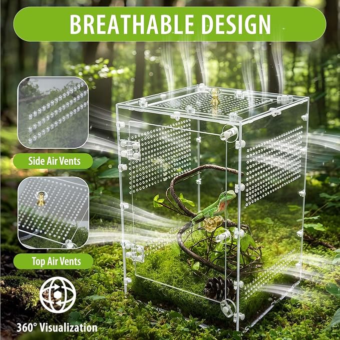 Reptile Enclosure 10 Gallon for Crested Gecko, Lizard, Bearded Dragon, Snakes，Frogs, Large Spiders, Acrylic Reptile Tank Feeding Terrarium with Front & Top Opening Doors and Vent Holes - 12"*12"*18"