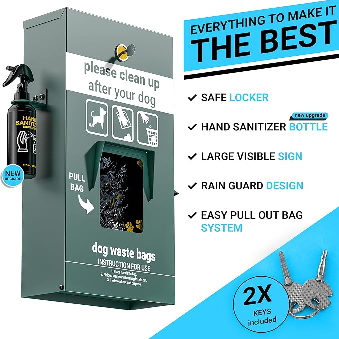 EMMA + OLIVER Locking Dog Waste Bag Dispenser | Locking Dispenser, Glow in the Dark Sign, Hand Sanitizer Bottle and Rain Guard, 400 Pull Out Header Bags Included