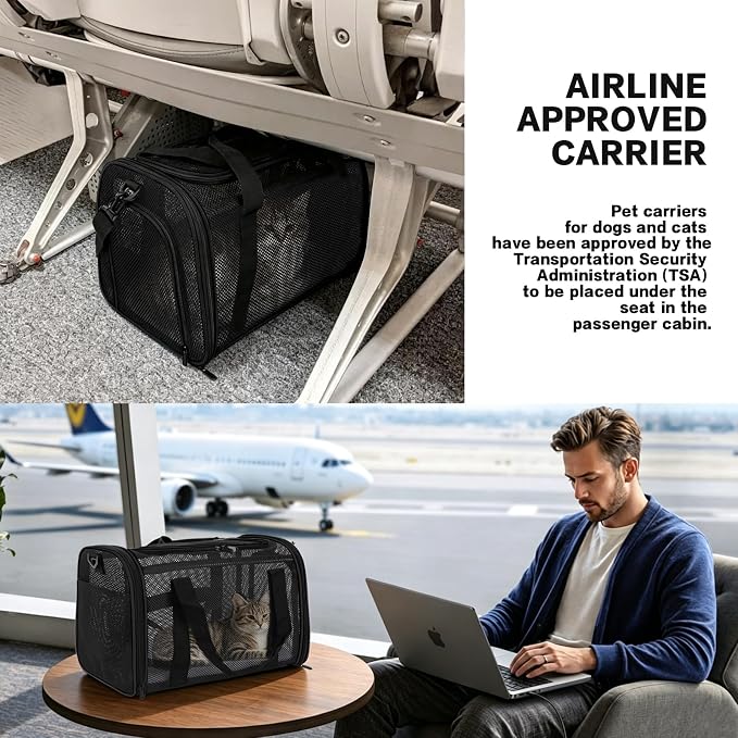 Dog Carrier Pet Carrier for Small Medium Cats Dogs Puppies up to 16 Lbs, TSA Airline Approved, Soft Sided, Collapsible Cat Bag Carrrier (Black, 17 * 11 * 11)