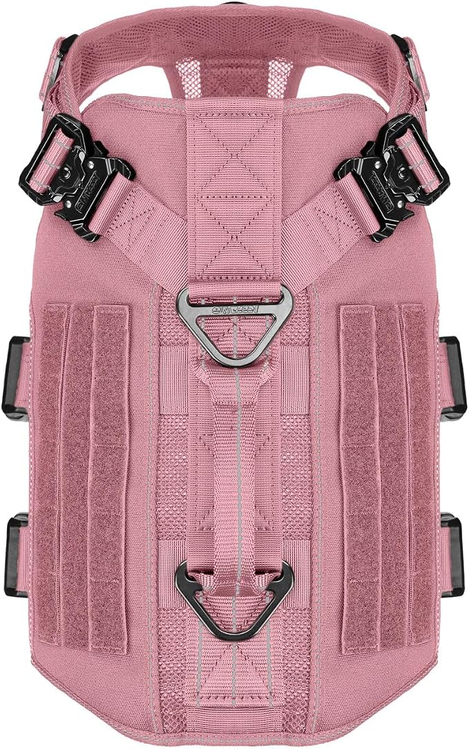 ICEFANG Tactical Mesh Dog Harness X-Large Dogs,Reflective Dog Molle Vest | Summer-Cooling, Control Handle,Adjustable,Front Hook,3 Leash Clips,Soft Padded,No Pull,Pink,X-Large