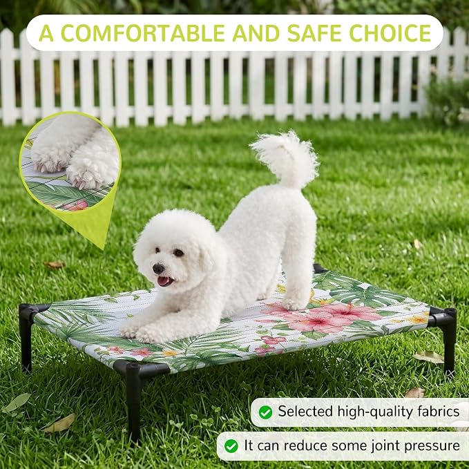 Outdoor Elevated Dog Bed for Medium Dogs, Summer Hummingbirds Breathable Cooling Raised Dog Cot for Indoor/Outdoor, Farmhouse Floral Palm Leaves Wooden Waterproof Elevated Pet Beds, M 24 x 20 in