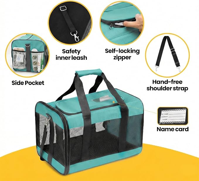 Conlun Dog Carrier Soft Sided, Large Cat Carrier with Inner Safety Leash, Pet Transport Carrier for Large Cats and Medium Dogs up to 20 Lbs, Collapsible Travel Puppy Carrier Bag -Turquoise L