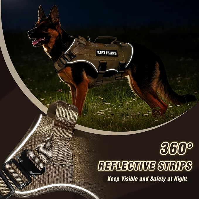 Air Mesh Tactical Dog Harness with Metal Buckles&MOLLE,Brown Medium | Breathable Adjustable No Pull Service Dog Vest with 3 Padded Handles,Military Dog Harness for Training Hiking Hunting Working