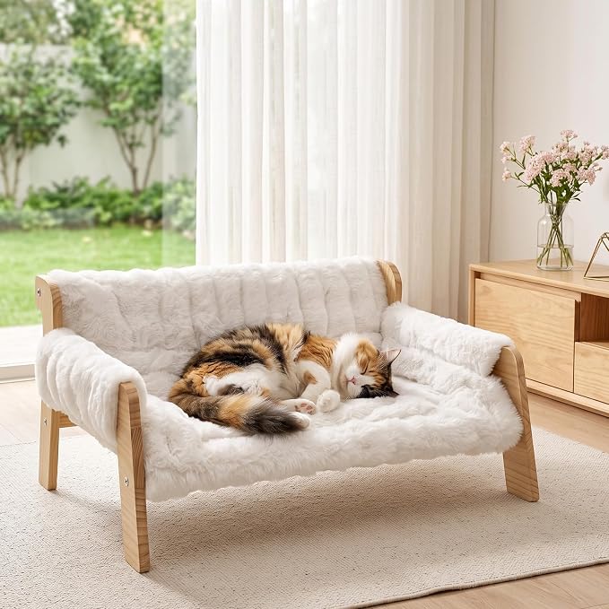 homegroove Elevated Cat Couch Bed, Wood Cat Sofa for Indoor Cats, White﻿ | 27"L x 18"W x 11.8"H, solid wood cat bed with removable washable cushion, available in white and gray, for cats & small dogs