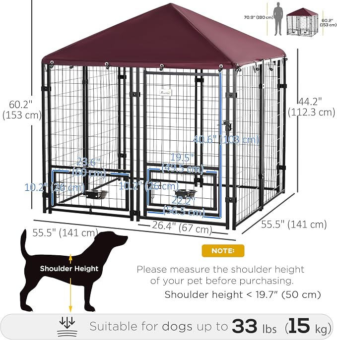 PawHut 4.6' x 4.6' x 5' Outdoor Dog Kennel, Welded Wire Dog Kennel Outside Run with 360° Rotating Bowls, Waterproof & UV Resistant Cover, for S&M Breeds, Chickens, Ducks, Red | Dog Kennel Outside Run, 360° Rotating Bowls, Waterproof & UV Resistant Cove...