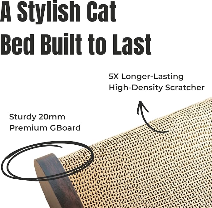 Claw Surfer Cat Bed - Cat Scratcher Bed & Lounge – Heavy Duty High-Density Cardboard, Lasts 5X Longer. Modern Curved Scratching Pad with 20mm White Frame. Non-Toxic, No Mess, Espresso