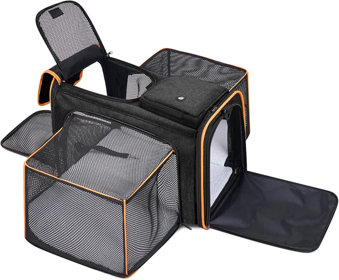 Pet Carrier, Large Soft Sided Expandable Travel Carrier with Steel Frame, Anti-Scratch Mesh, Removable Fleece Pad and Pockets for Cats, Dogs and Small Animals up to 15 lbs (Black, 4 Sides Expandable)