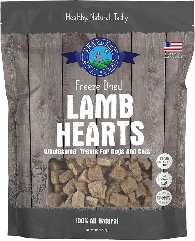 Shepherd Boy Farms Freeze Dried Dog and Cat Treats, Lamb Heart, All Natural Single Ingredient Freeze-Dried Dog Treat & Dog Snacks, Made in USA, High Protein, Essential Nutrition of Raw Dog Food, 8oz