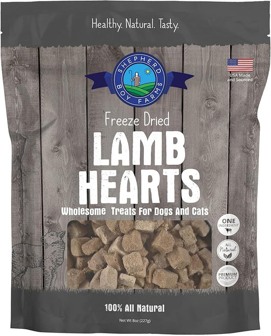 Shepherd Boy Farms Freeze Dried Dog and Cat Treats, Lamb Heart, All Natural Single Ingredient Freeze-Dried Dog Treat & Dog Snacks, Made in USA, High Protein, Essential Nutrition of Raw Dog Food, 8oz