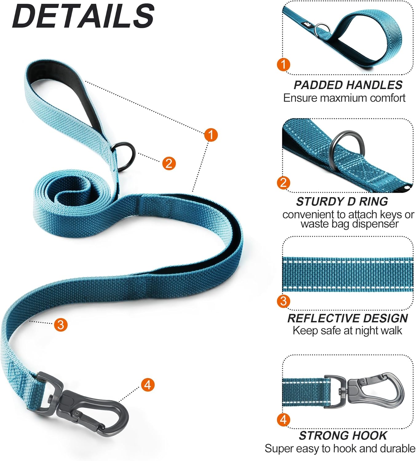 TwoEar 5FT 1IN Strong Blue Dog Leash with 2 Padded Handles, Traffic Handle Extra Control, Comfortable Soft Dual Handle, Auto Lock Hook, Reflective Walking Lead for Small Medium and Large Dogs