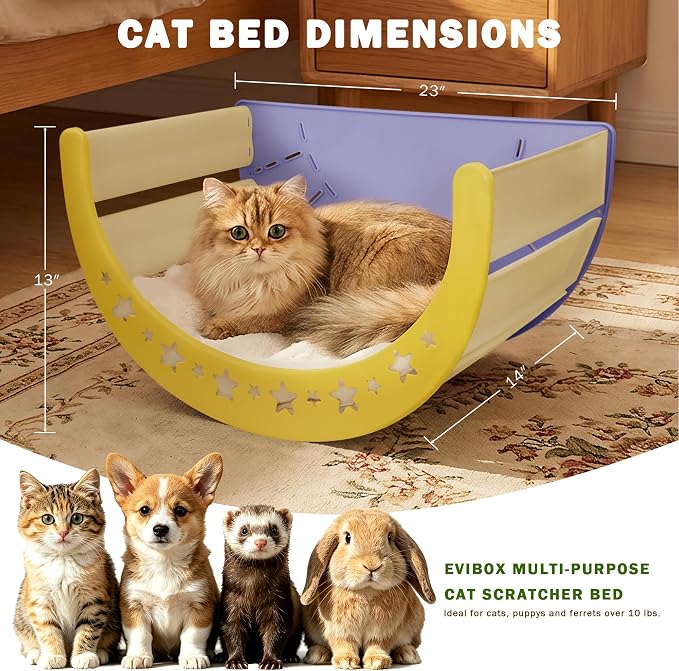 3-in-1 Crescent Elevated Cat Bed with Removable Sisal Scratcher & Soft Fleece Mat, Rocking Cat Hammock Lounge for Indoor Cats, Kittens & Small Animals, Purple