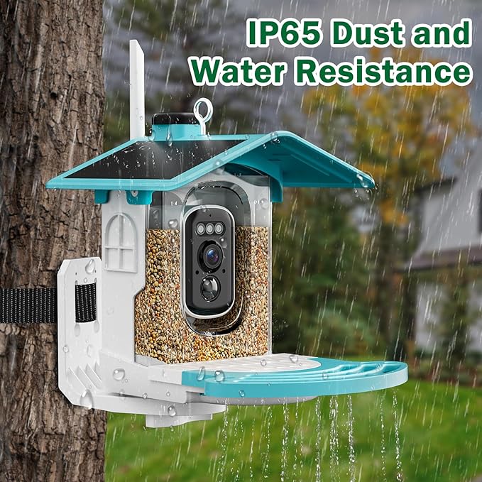 Jarkyfine Smart Bird Feeder with Camera Solar Powered - AI Bird Identification, 2K HD Video Live Stream Camera, 3MP Photos, 2.9in Focus, Gifts for Mom Dad Birdlovers, Blue
