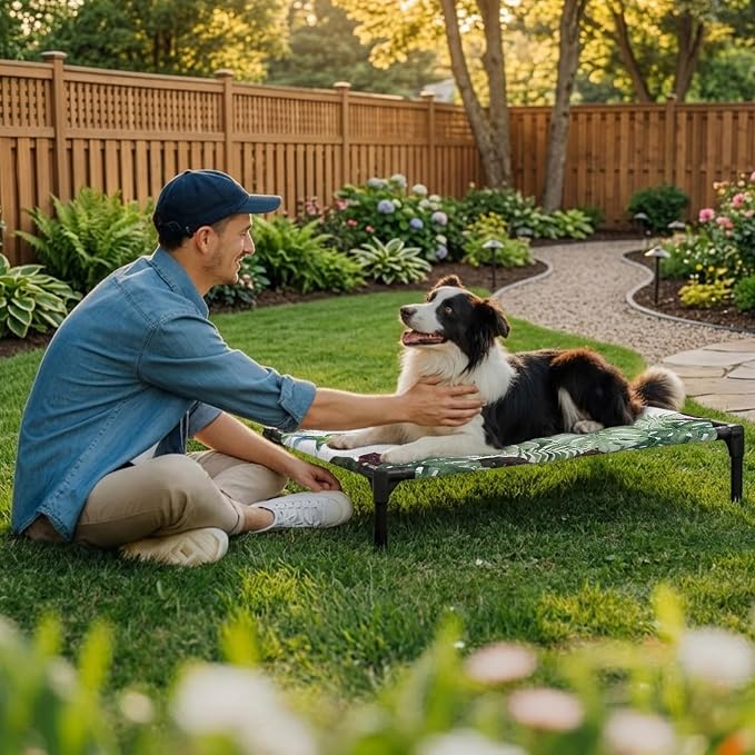 Outdoor Elevated Dog Bed for Medium Dogs, Summer Hummingbirds Breathable Cooling Raised Dog Cot for Indoor/Outdoor, Tropical Palm Leaves Farmhouse Wood Waterproof Elevated Pet Beds, M 24 x 20 in