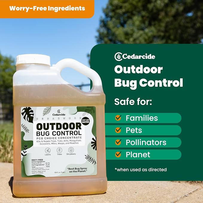 Cedarcide Outdoor Bug Spray | Kills & Repels Mosquitoes, Ticks, Fleas, Mites & More with Natural Essential Oils | Family & Pet-Safe | PCO Choice | Gallon | Kills & Repels Mosquitos, Ants, Mites, Chiggers, & Aphids