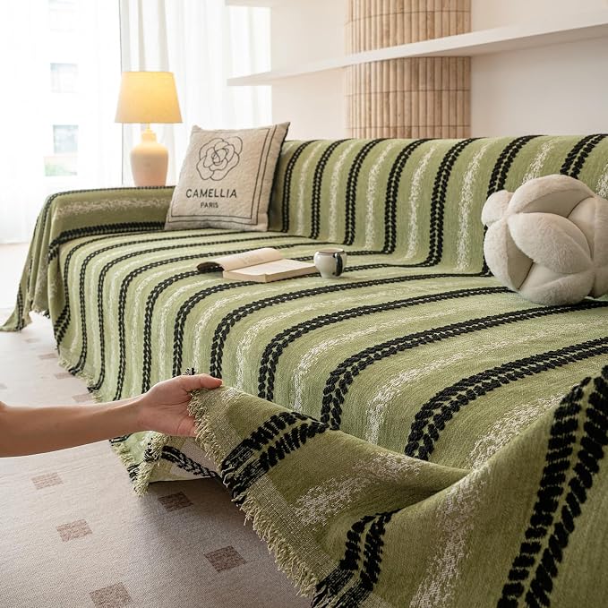 VClife Chenille Sofa Cover Bohemian Striped Pattern Couch Cover for 3 Cushion Sofa - Sage Green Black Textured Sofa Slipcover Washable Furniture Protector for Couch Decorative Couch Cushion Cover