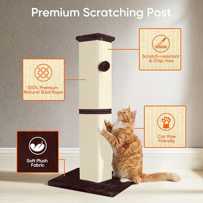 Cat Scratching Post 32 Inch for Indoor Large Cats and Kitten, Nature Sisal Tall Cat Scratch Post, Sisal Cat Scratcher Improve Cat's Scratching Habits and Protect Your Furniture, Beige