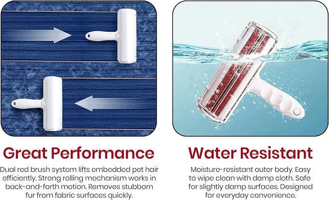 Pet Hair Remover for Dogs & Cats - Reusable Lint Roller & Hair Remover Tool for Couch, Carpet, Furniture, Bedding & Car Seats - Portable & Easy Clean Pet Fur Remover Roller for Home & Travel (Red)