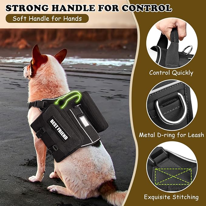 Dog Backpack Harness and Leash Set for Medium Sized Dog Black M | Removable Side Pockets Dog Vest with Padded Handle&MOLLE,No Pull Front&Back Metal Clips for Hiking Training Walking Hunting
