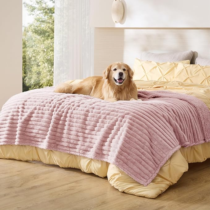 Bedsure ComfyFleece™ Waterproof Blanket for Bed, Twin（60"x80"） Blush Pink | Soft Plush Couch Bed Cover Corduroy Fleece for Furniture Protector, Cozy Calming Reversible Dog Blankets for Large Dogs Pet