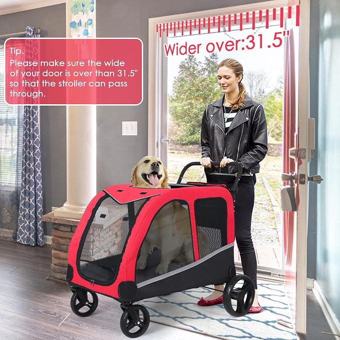 Saudism Dog Stroller for Large & Medium Dogs (up to 160lbs), Pet Stroller for 2 Small Dogs, Extra Large Heavy Duty, Dog Wagon Foldable & Adjustable Handle with Pocket, Red
